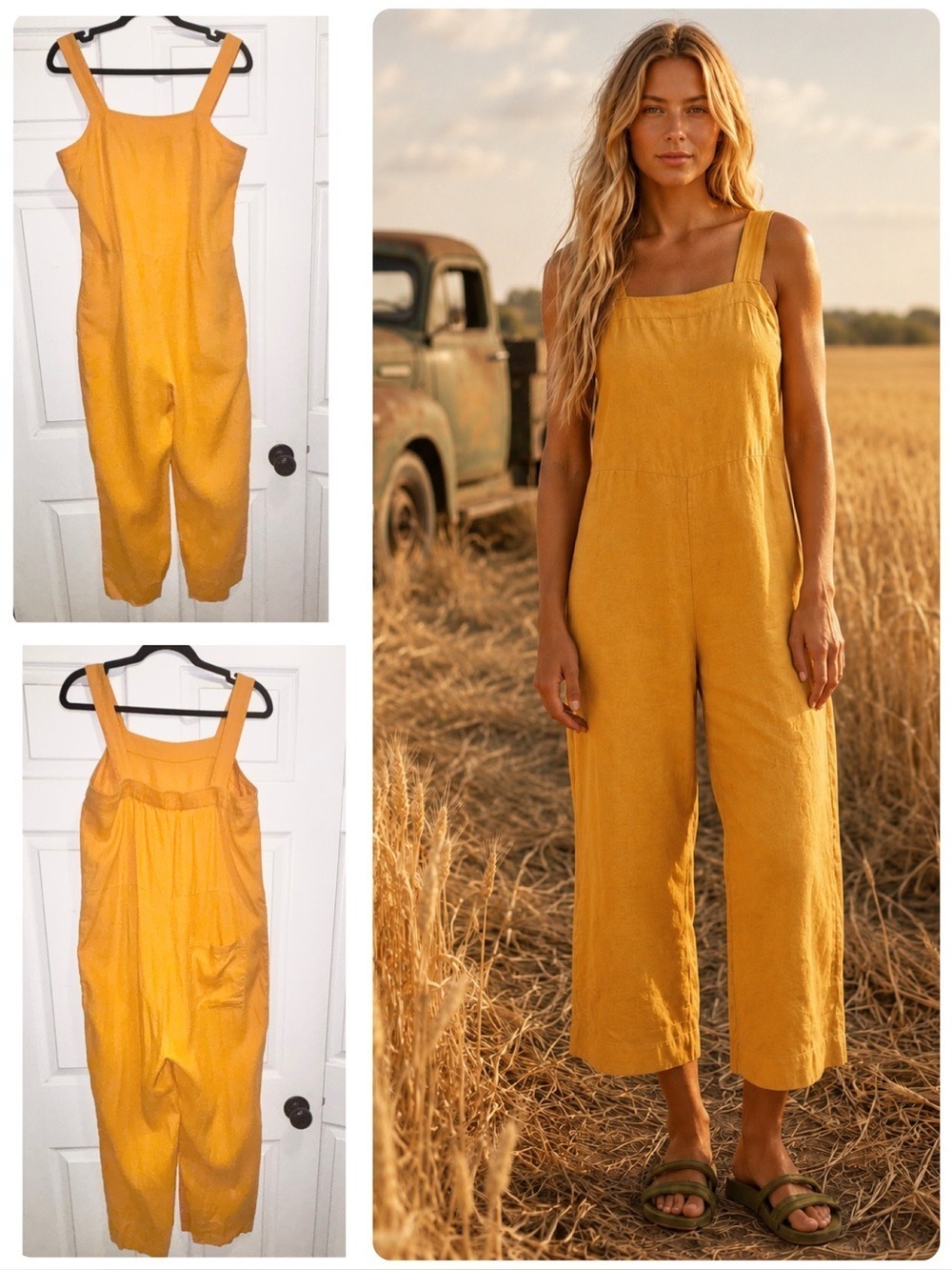 EVERLANE The Linen Square Neck Jumpsuit Yellow Orange Sleeveless Wide Leg Size 6